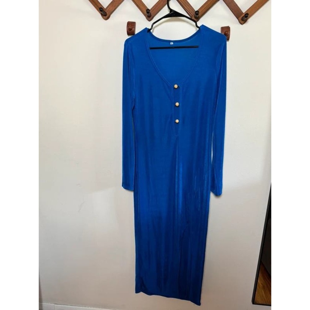 Cobalt Blue Front Cutout Bodycon Long Sleeve Maxi Dress Y2K grunge